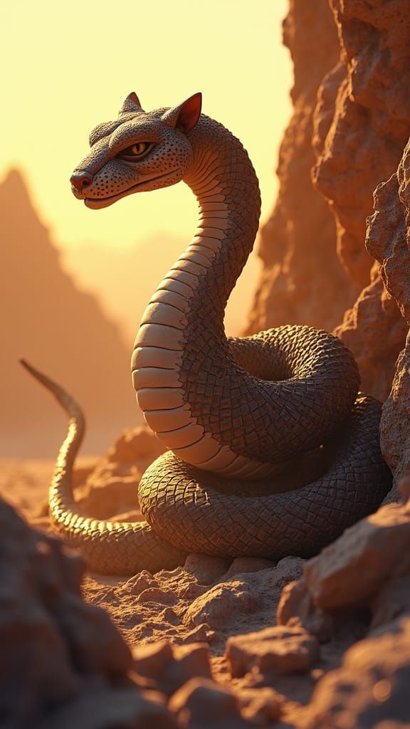 Cheetah-Snake Hybrid Coiled in Desert Landscape