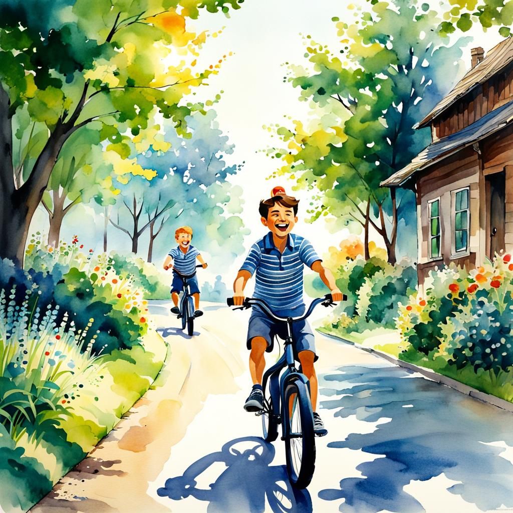 Joyful Father and Son Cycling in Summer Light
