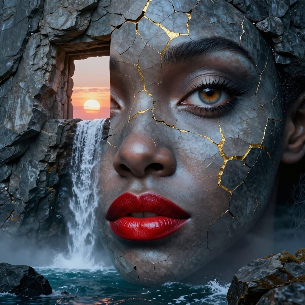 Surreal Portrait of Woman Embedded in Stone Cliff