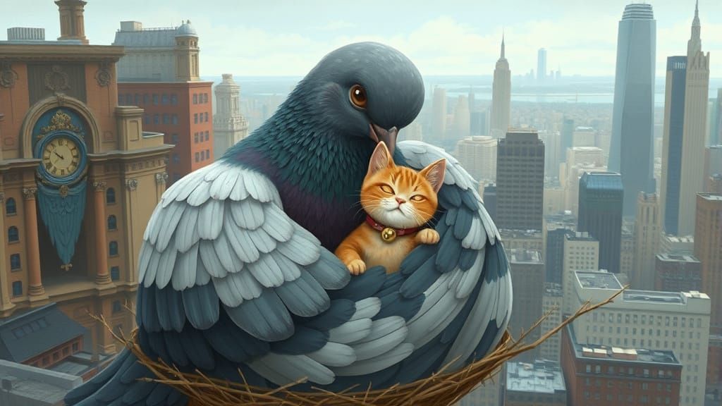 Giant Pigeon Cradles Kitten in Cityscape