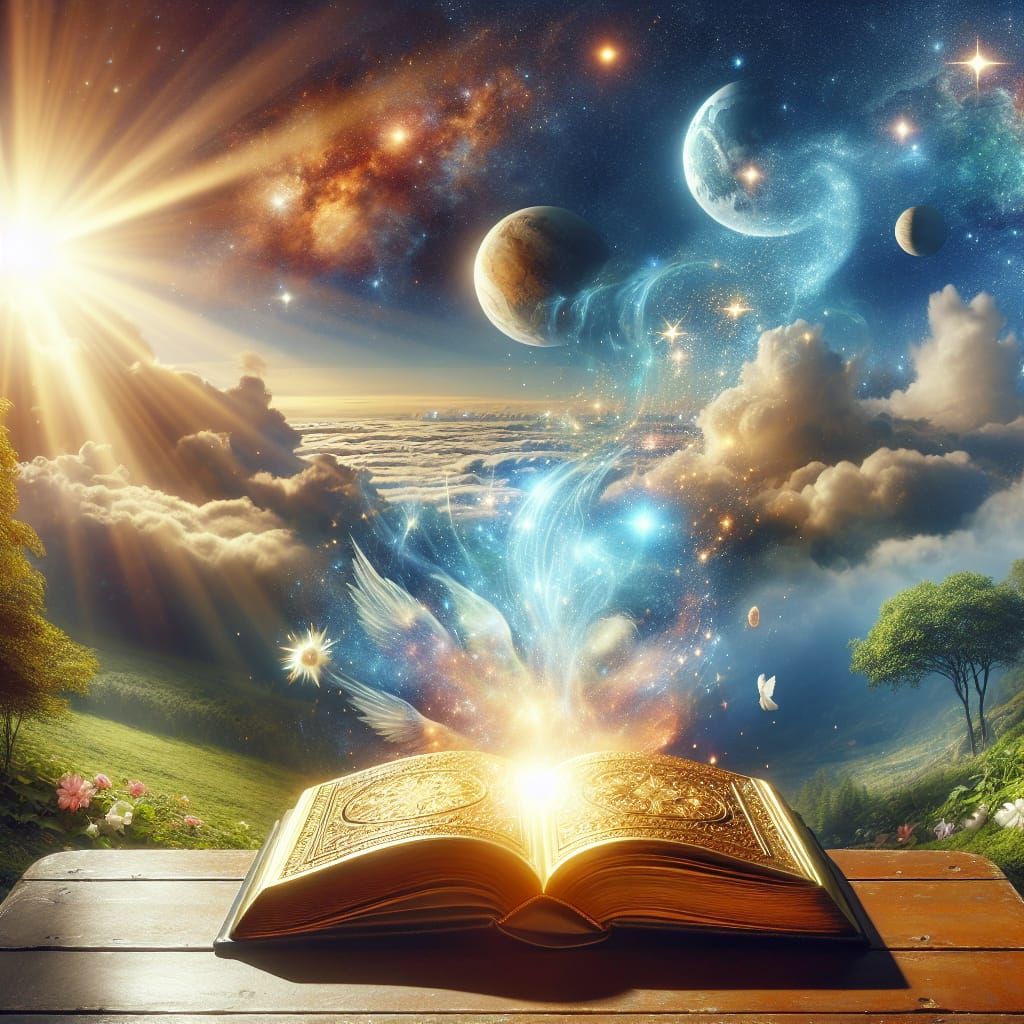 Golden Magic Book Exuding Celestial Energy
