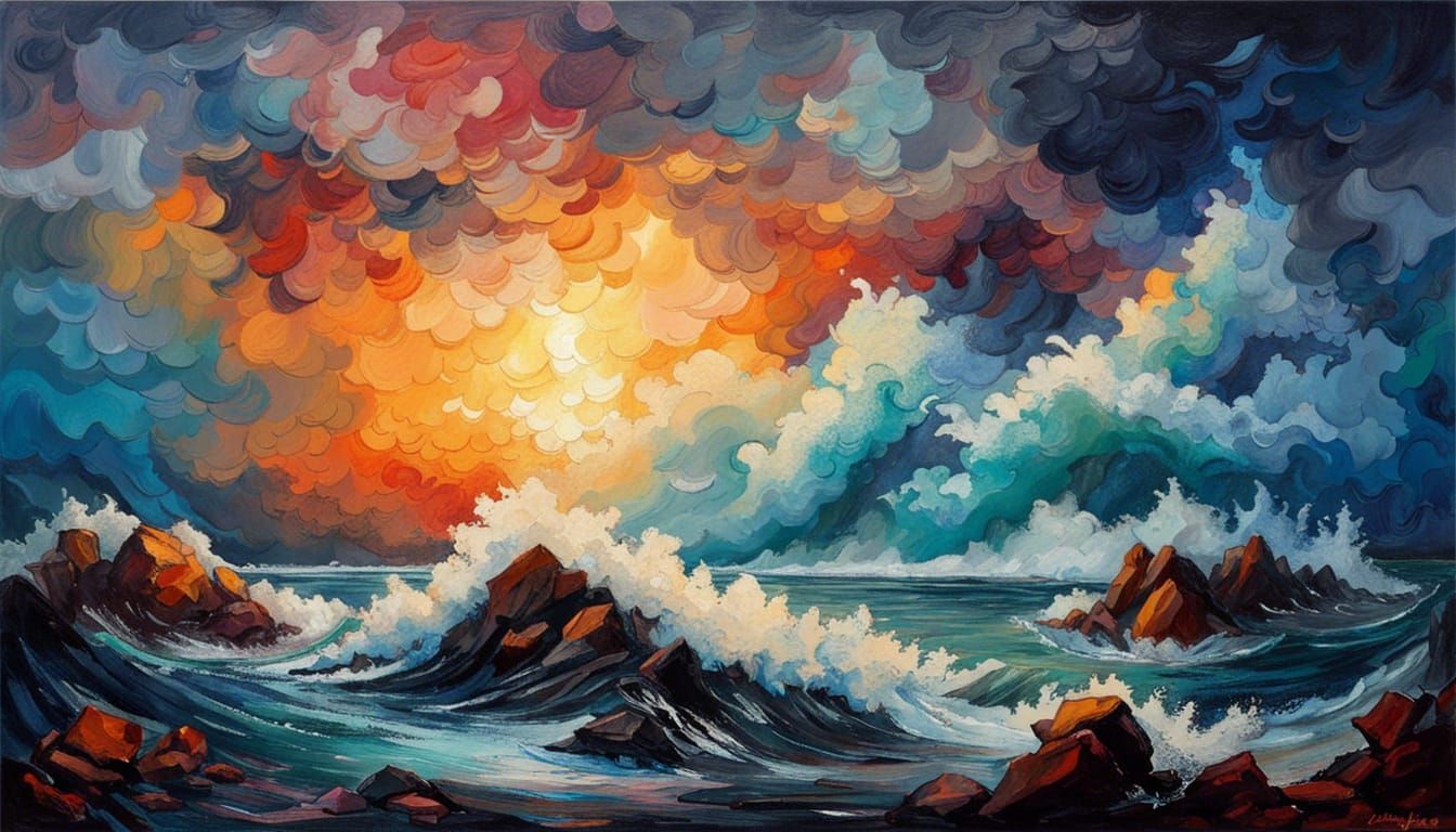 Majestic Rocky Shoreline Storm in Expressionist Style
