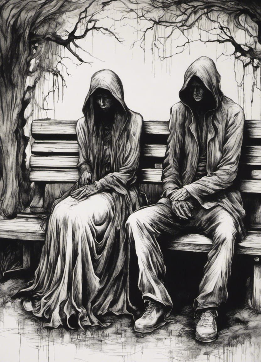 Weeping Ghost Lovers: A Detailed Ink Painting