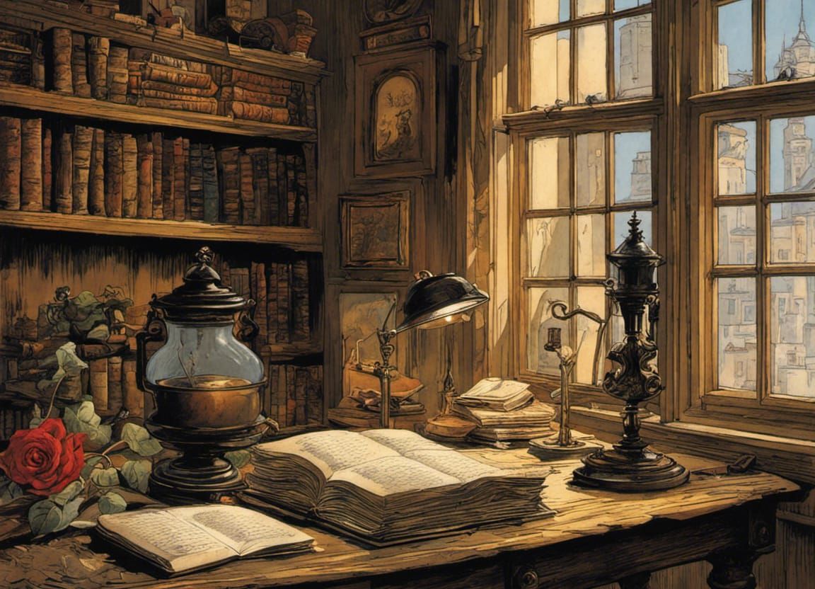 Evening Desk Scene with Manuscript, Mignola Style