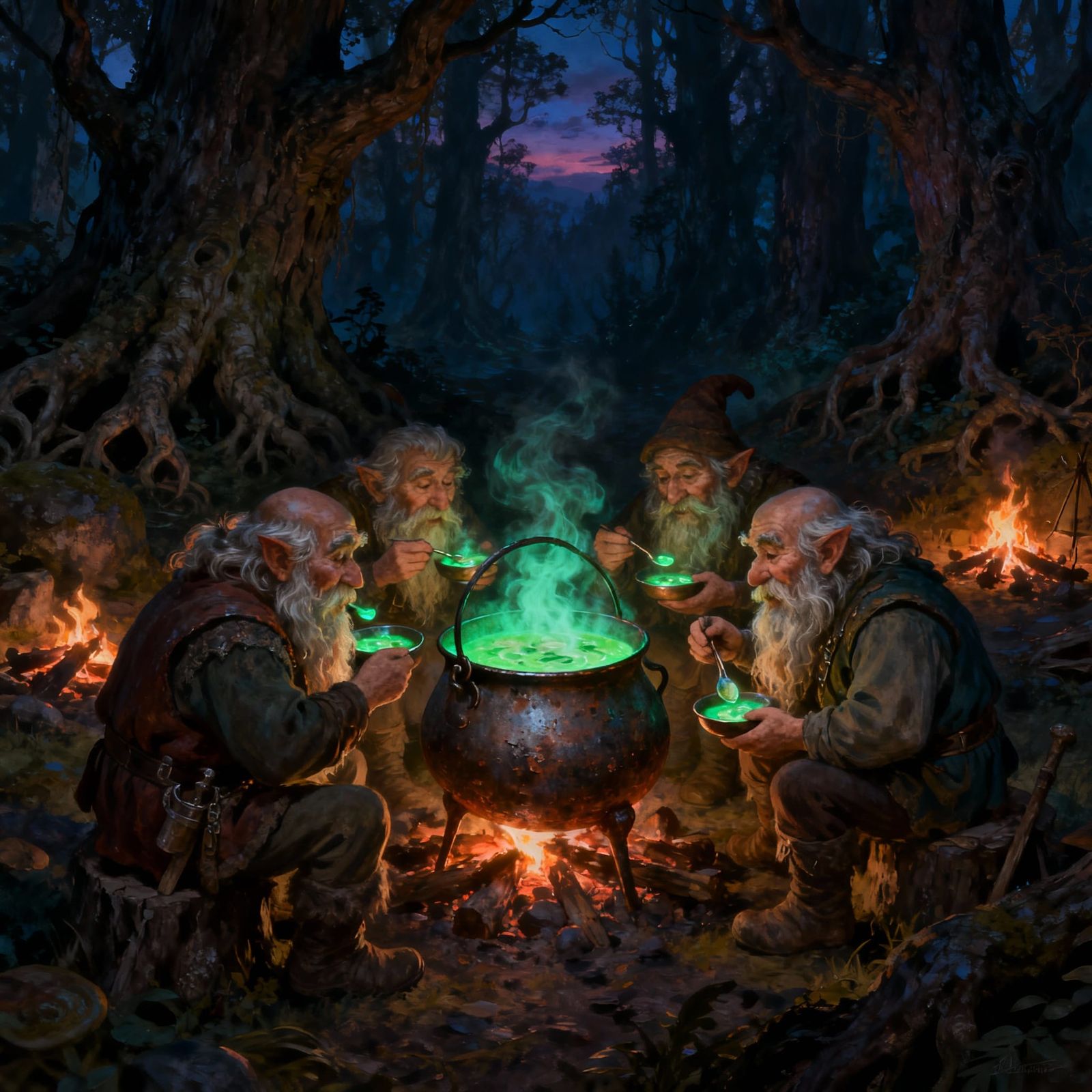 Dwarves Eating Glowing Soup in Enchanted Forest