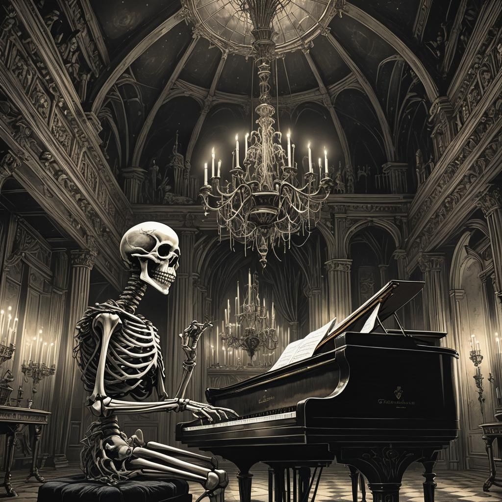 Skeleton Pianist in Gothic Ballroom, Digital Art