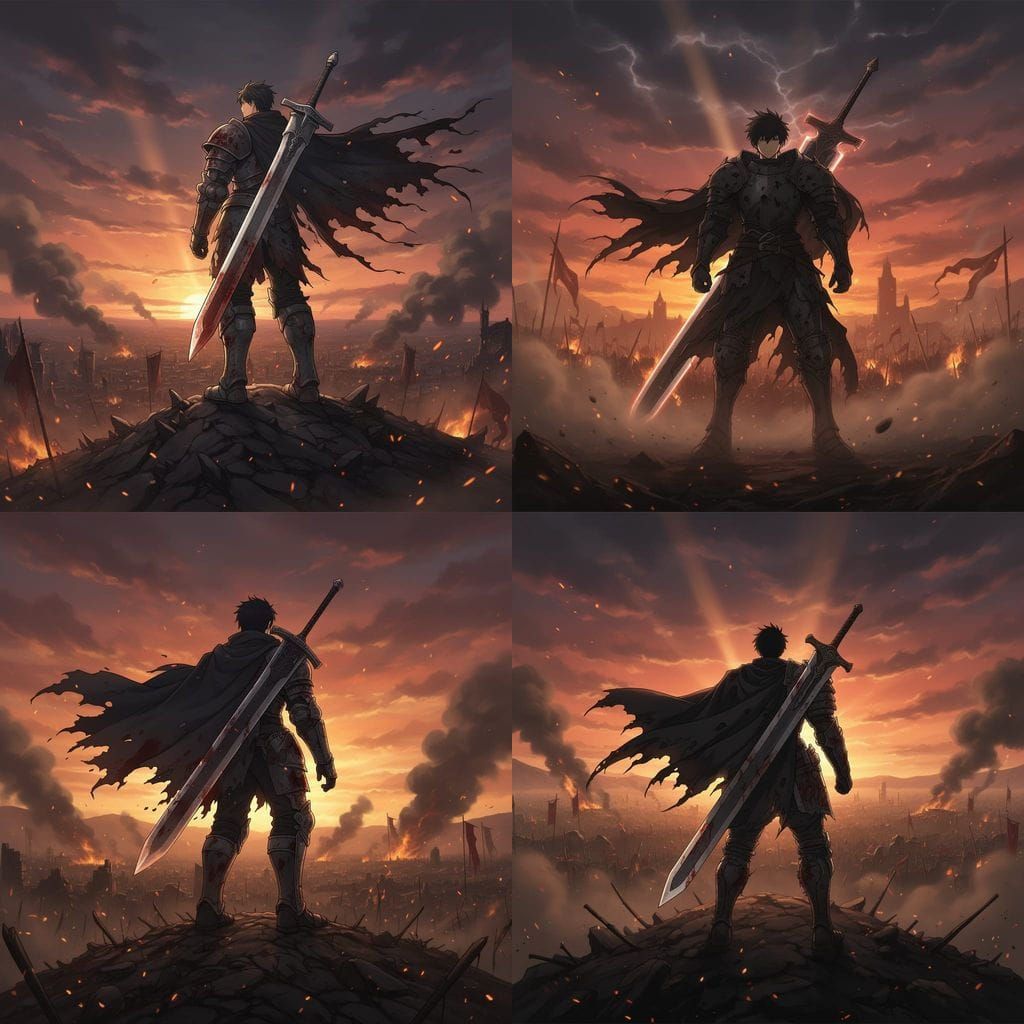 Warrior on Shattered Hill at Dusk, Anime Style