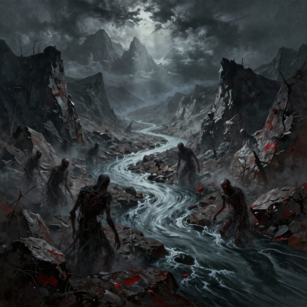Demonic River in Jagged Canyon Under Stormy Sky