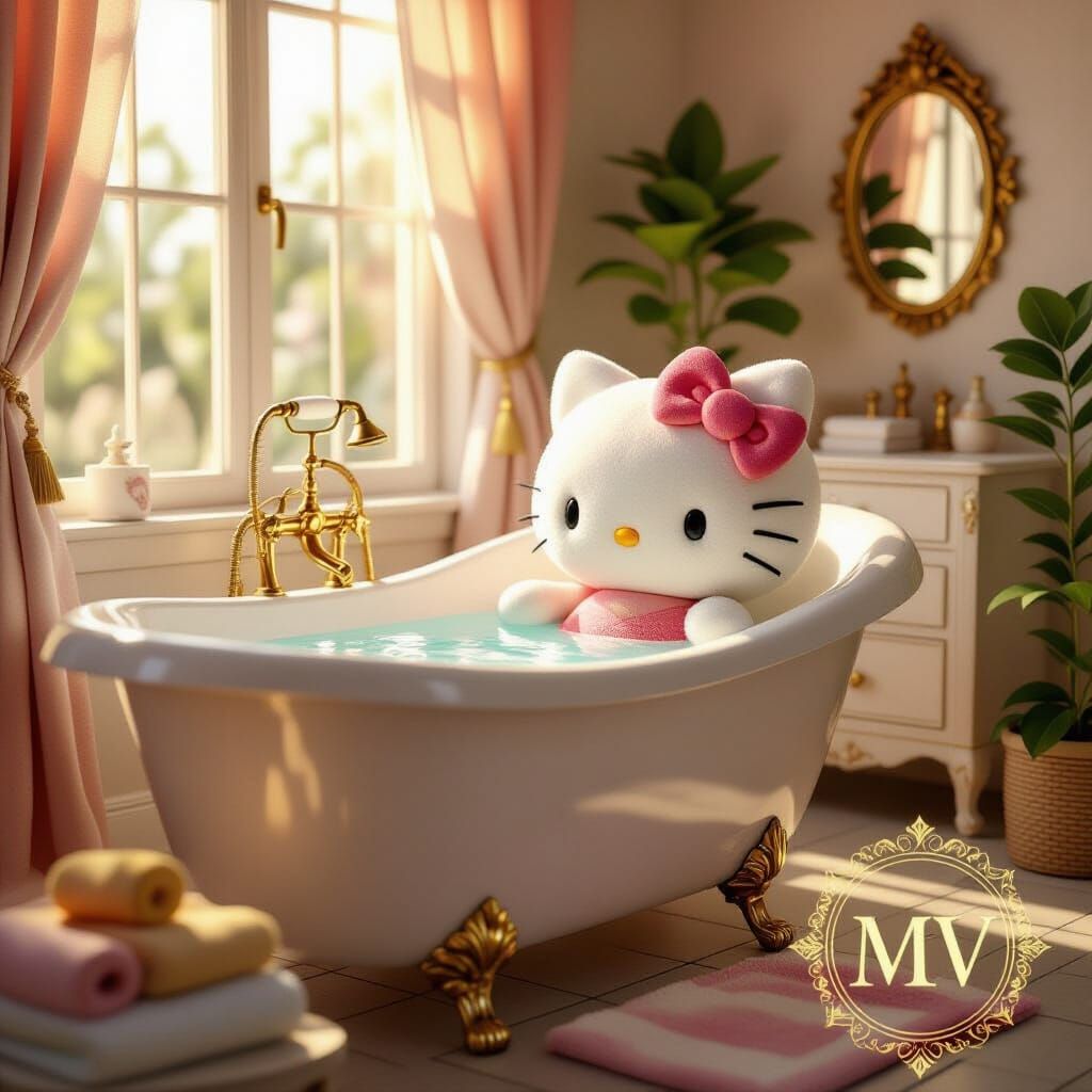 Plush Hello Kitty Relaxing in Sunlit Bathtub