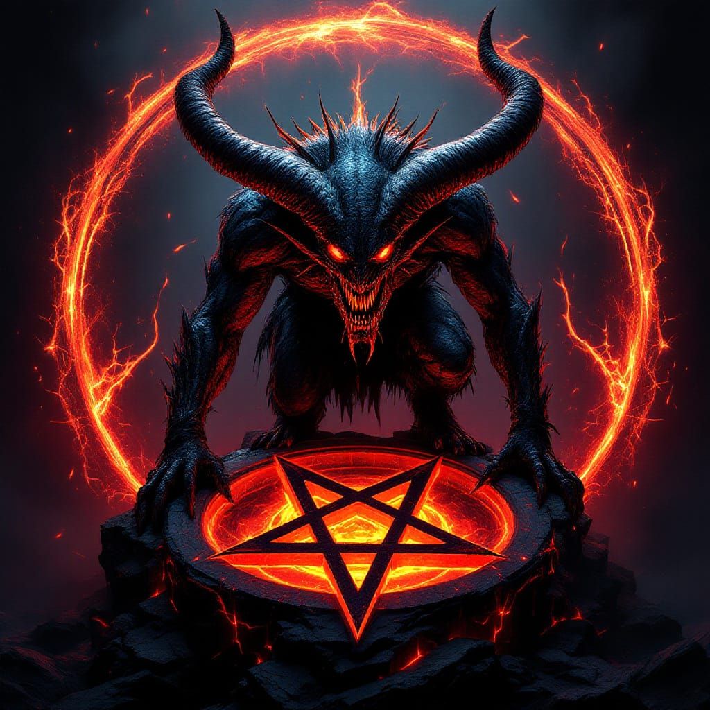 Demon with Horns on Satanic Symbol