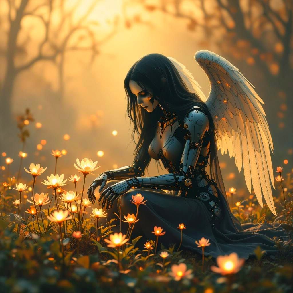 Cyborg Angel of Death in Bioluminescent Garden
