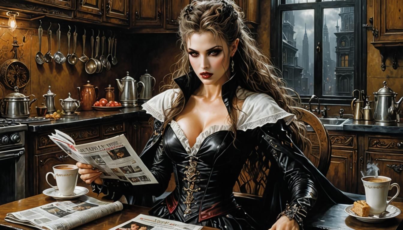 Vampire Reads News in Dark Kitchen, Realism Style