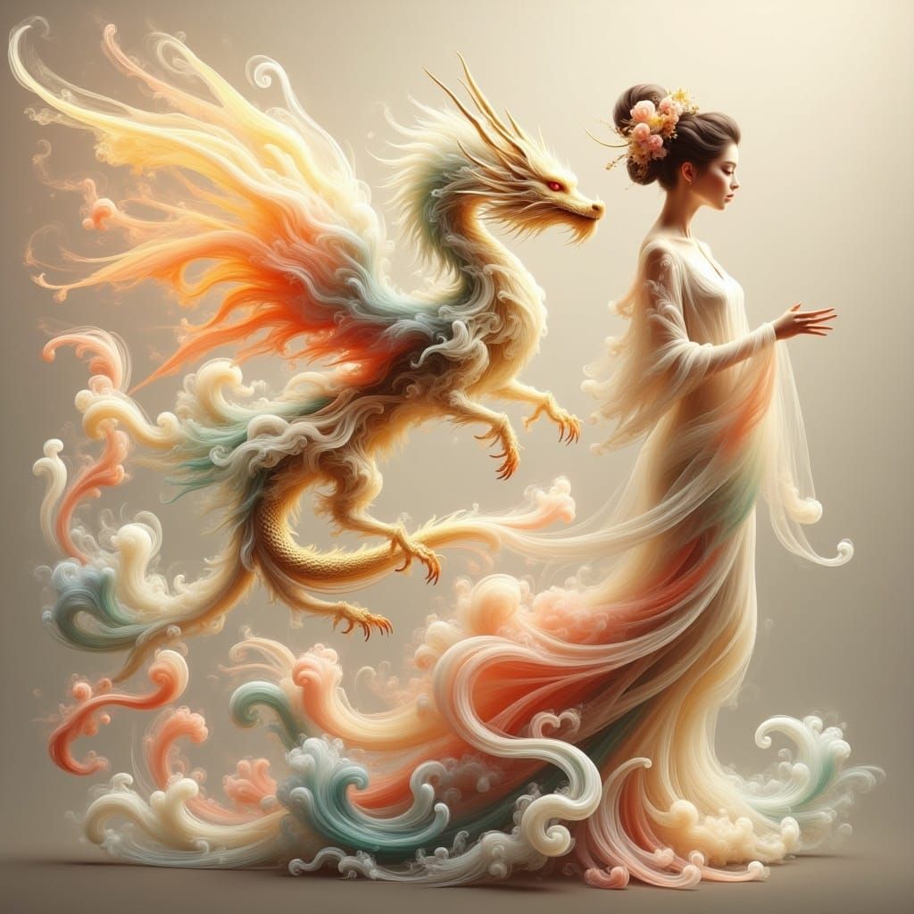 Dragon and Geisha in Ethereal Japanese Landscape