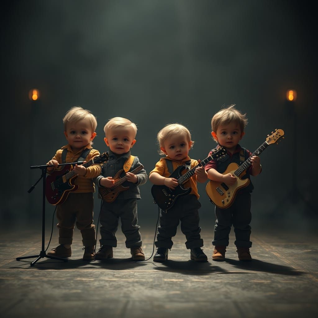 Toddler Band on Stage in Hyperrealistic Style