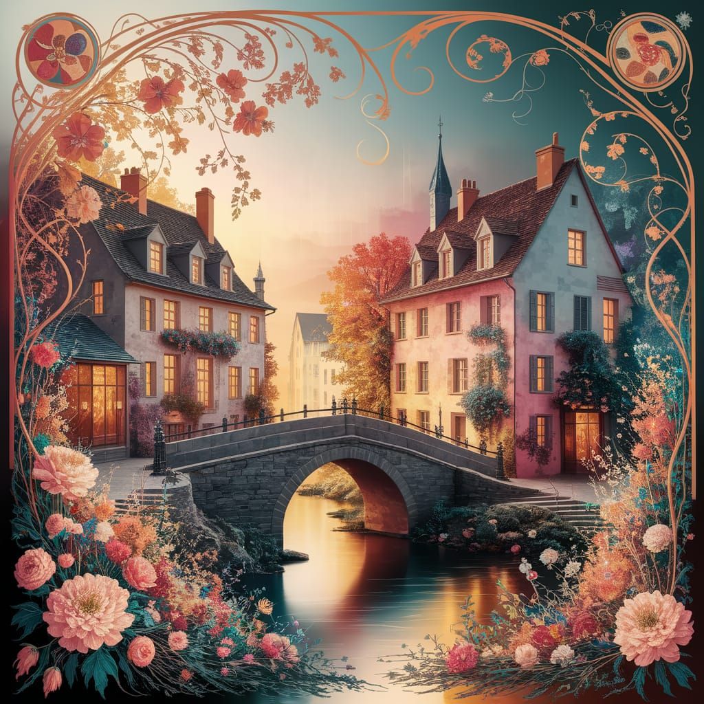 Whimsical European Village in Warm Golden Light