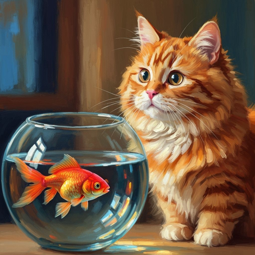 Romantic Oil Painting of Cat Watching Goldfish