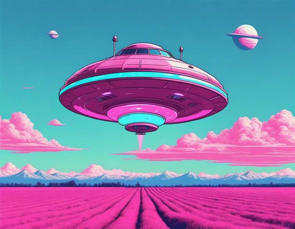 Cow Abduction by UFO in Vaporwave Style