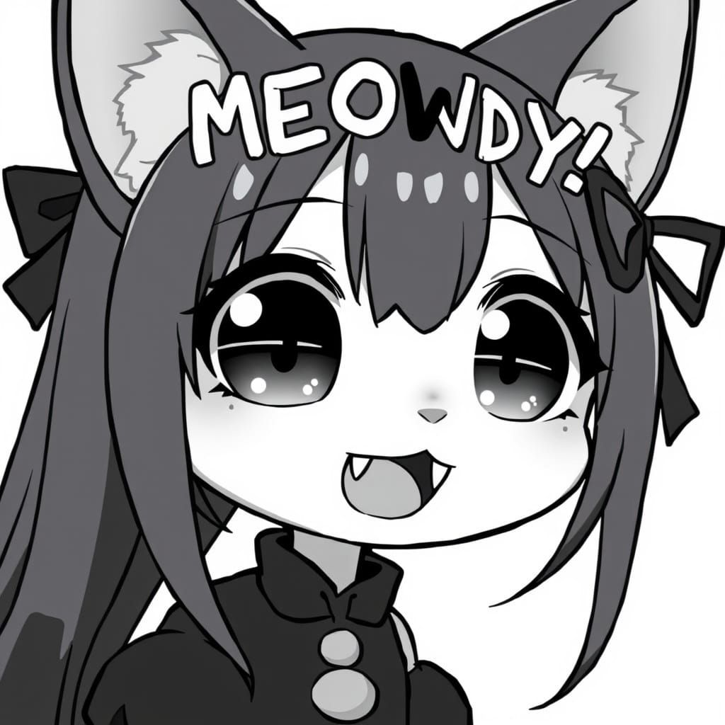 Cute Chibi Anime Catgirl in High Contrast Greyscale