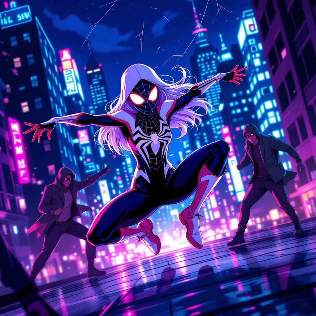 Ghost-Spider Dancing on Rooftop Evading Thugs Anime Style