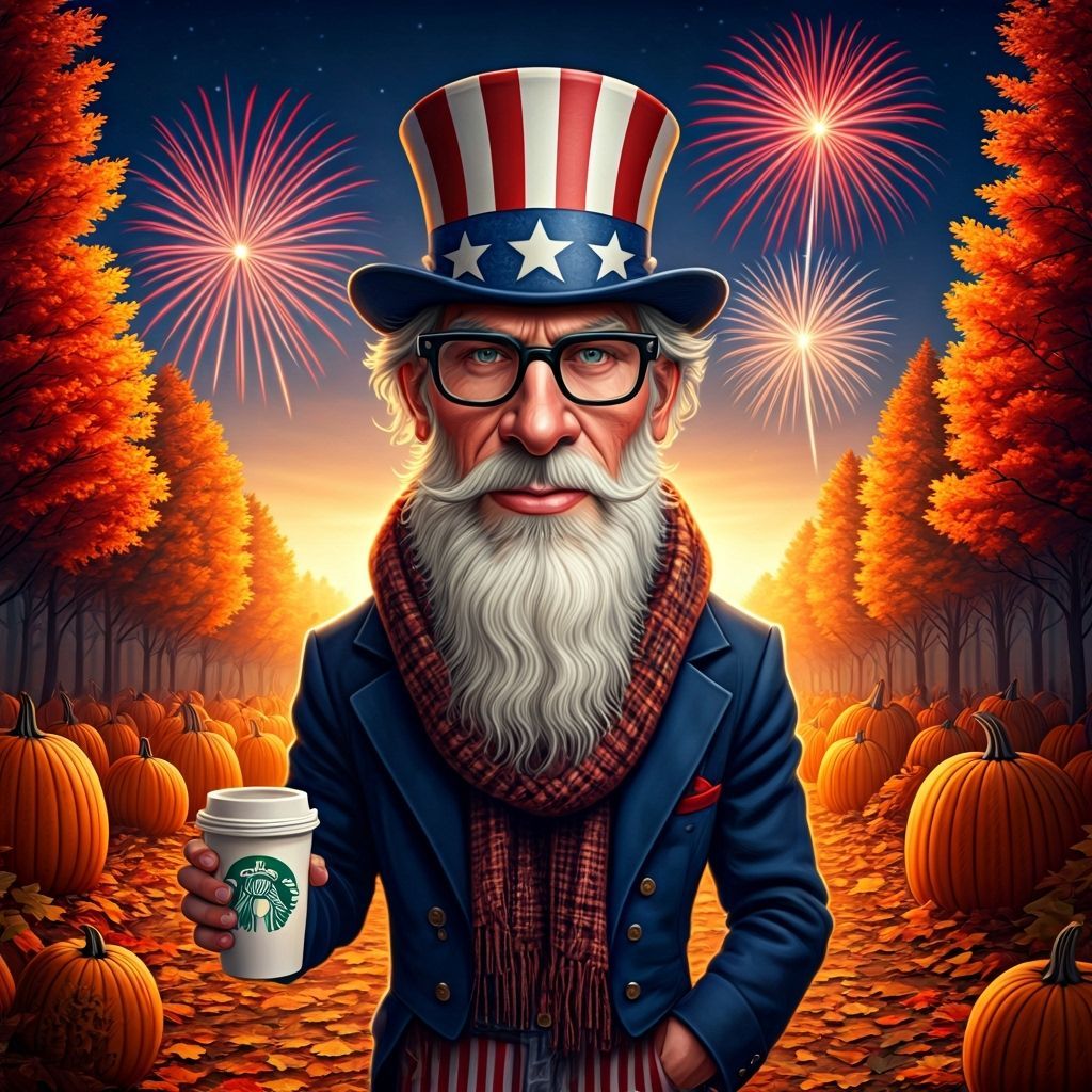 Hipster Uncle Sam in Autumn Forest with Fireworks