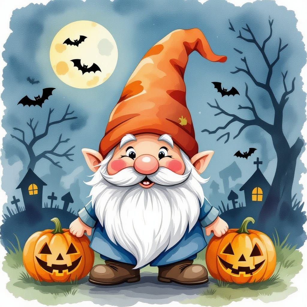 Smiling Gnome Prepares for Halloween in Watercolor Style