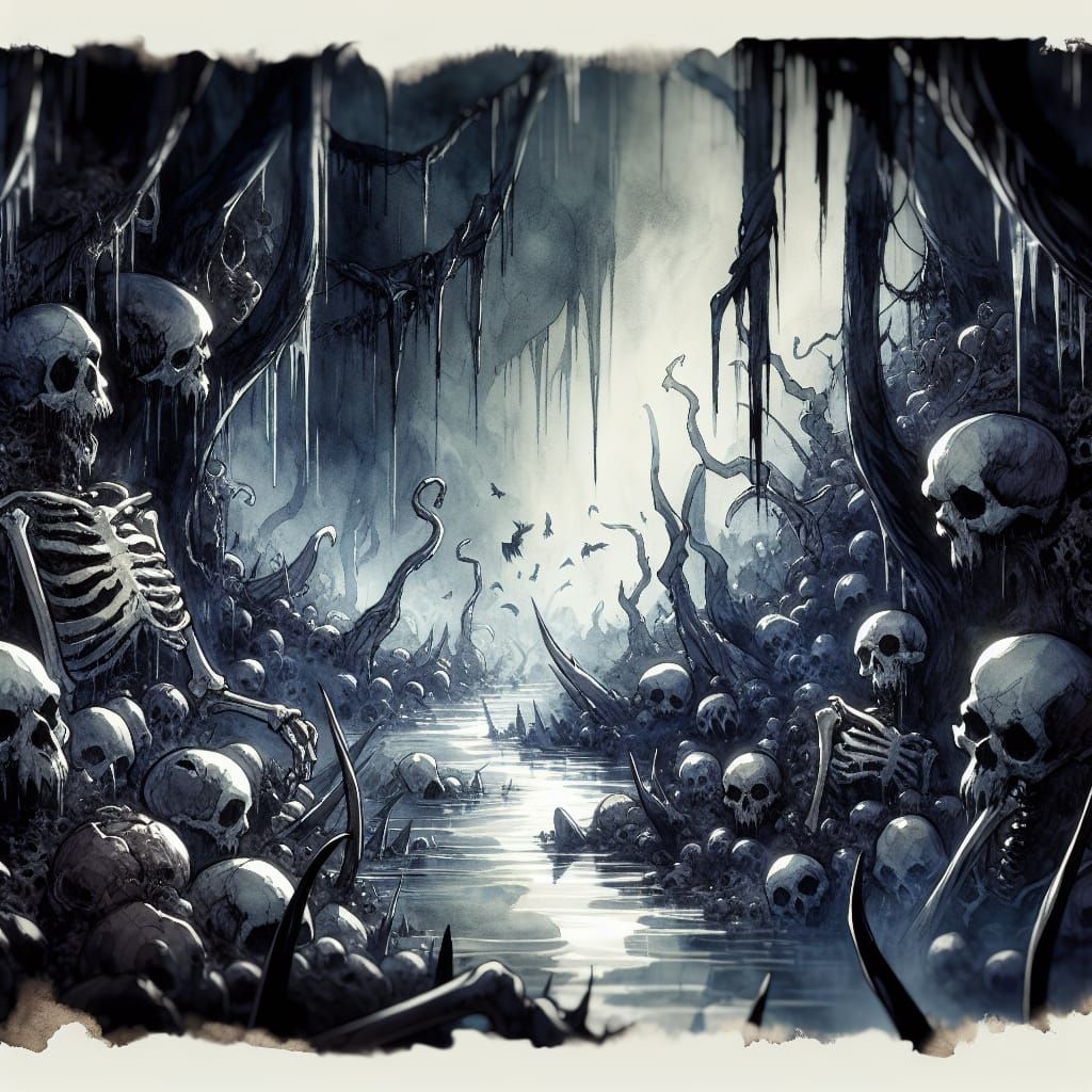 Dark Fantasy Swamp Scene in Watercolor and Ink