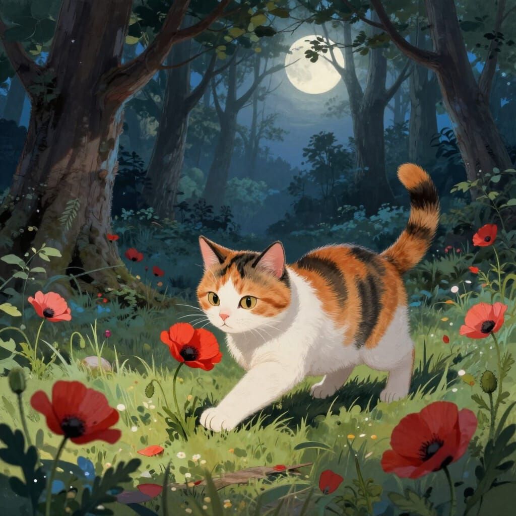Calico Cat Rescues Poppy Under Moonlight in Enchanting Fores...