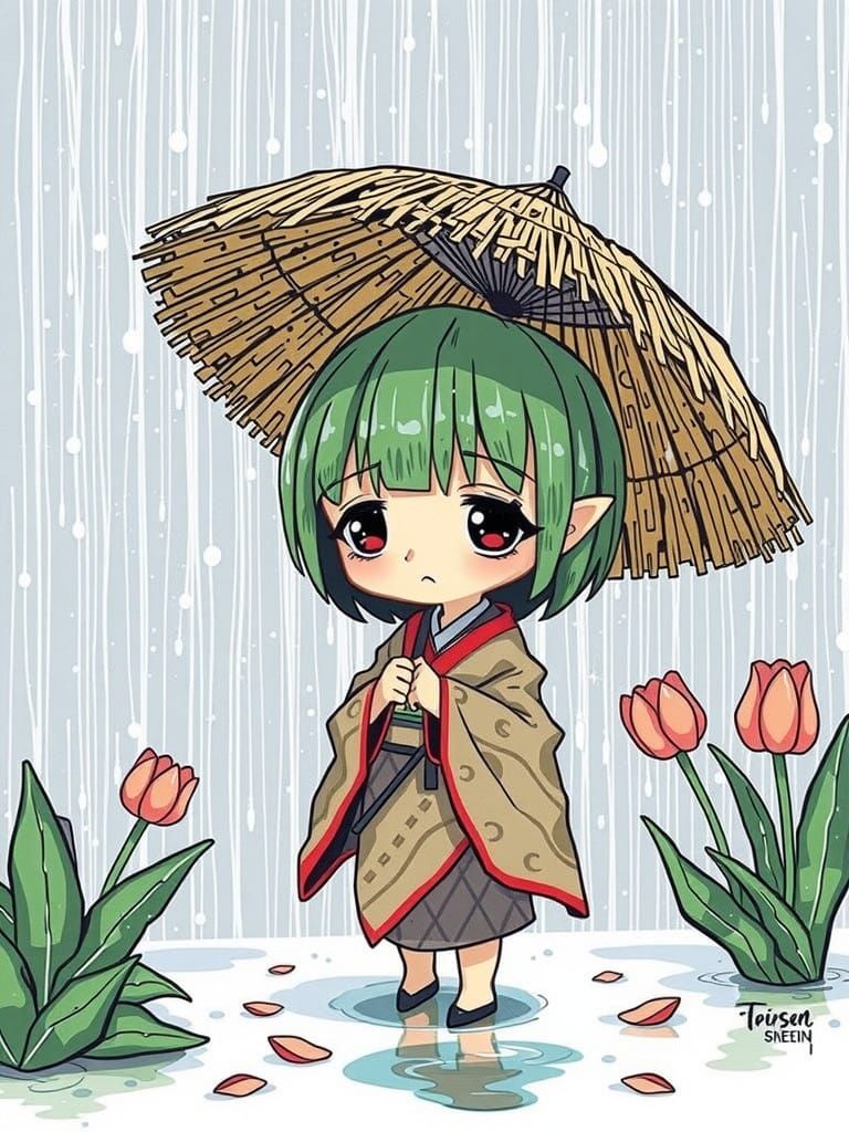 Surreal Chibi Girl in Rainy Garden