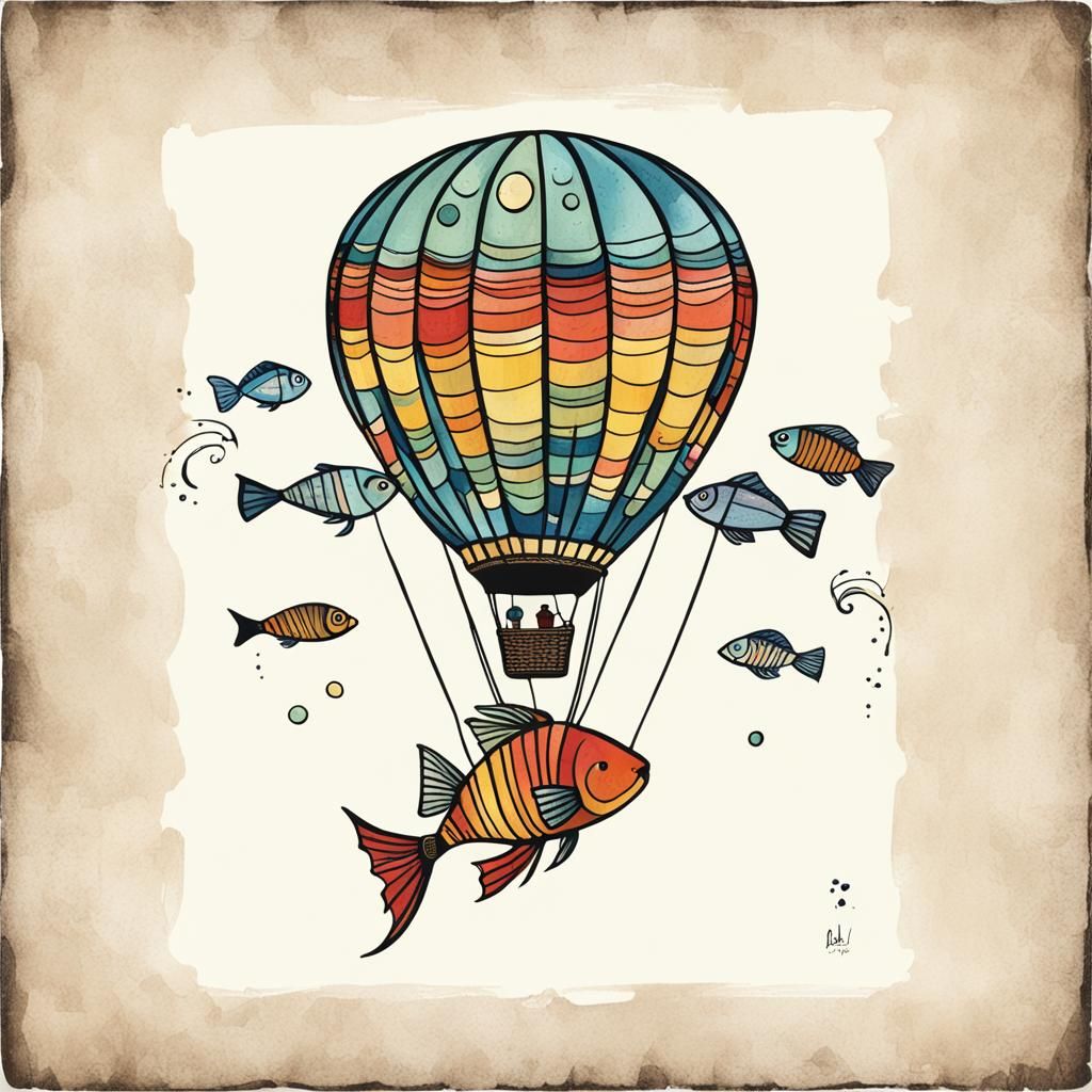 Fish-Shaped Hot Air Balloon in Art Brut Style