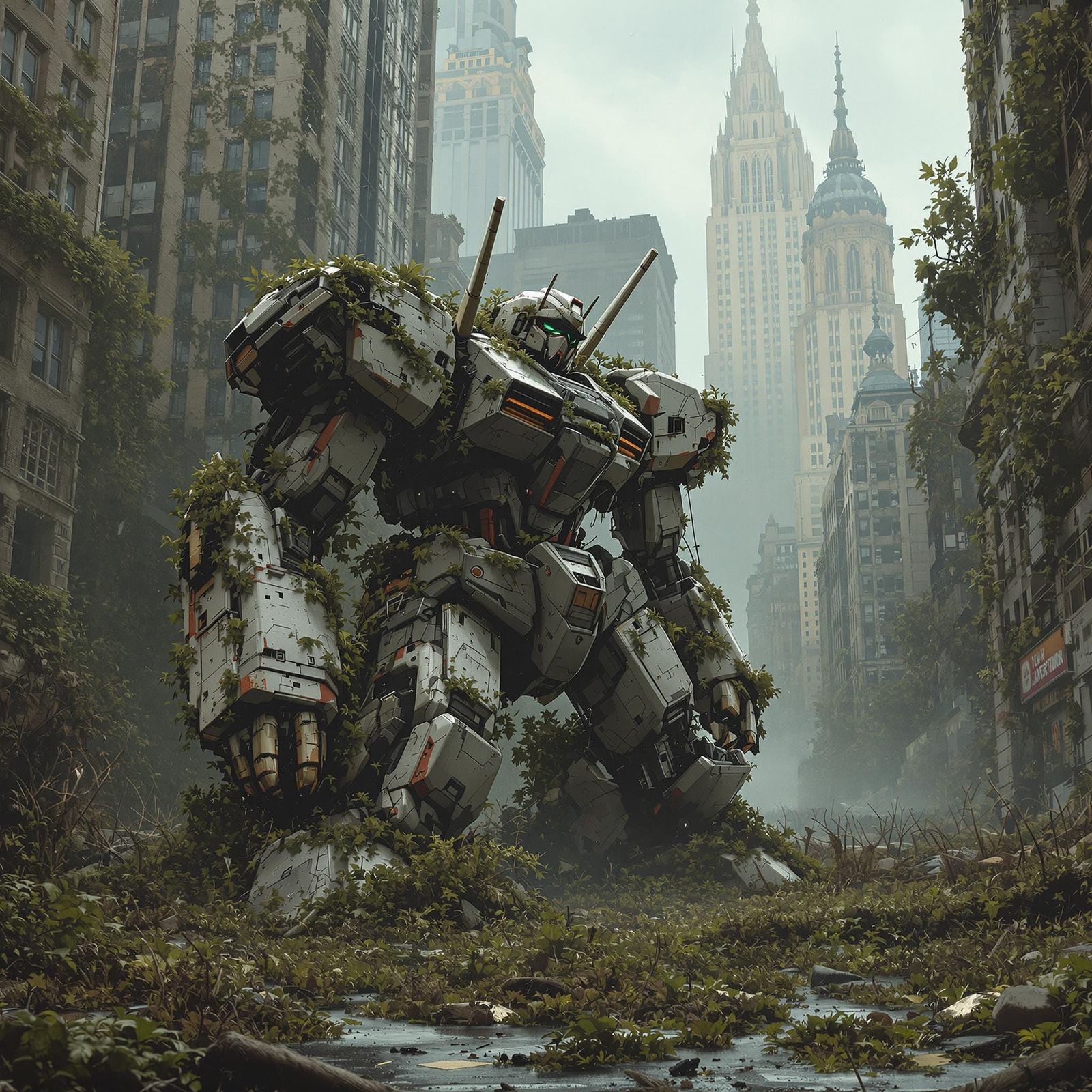 Post-Apocalyptic Gundam in Decayed Cityscape