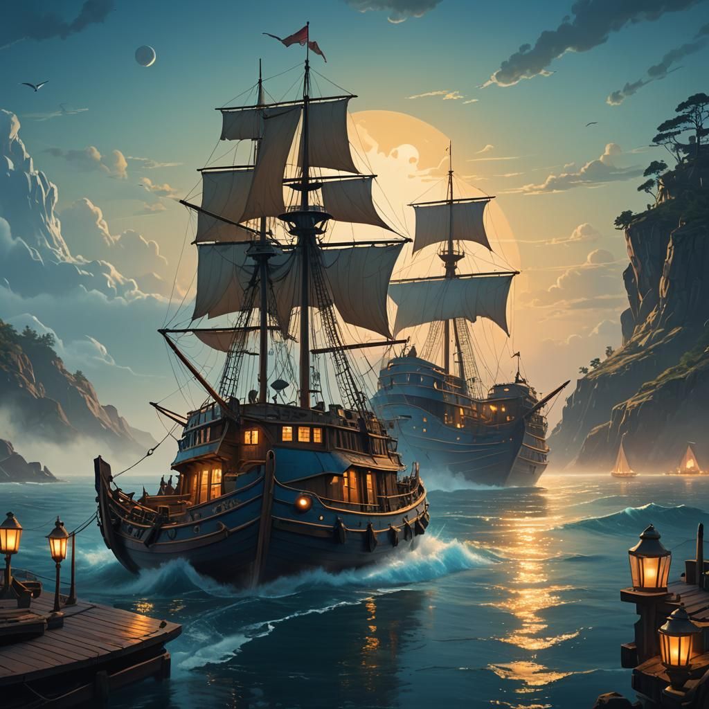 Mystical Fantasy Boat on Ocean, Digital Art