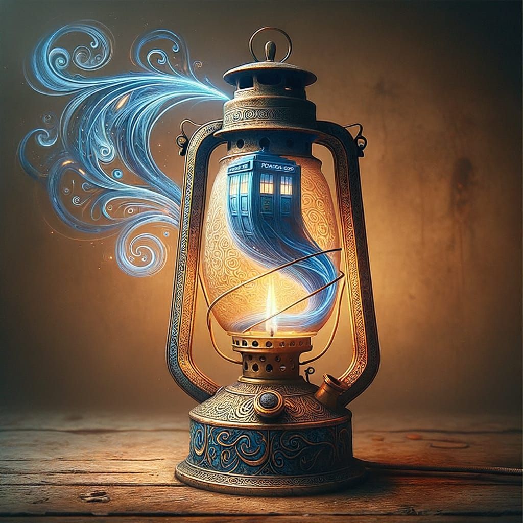 Mysterious Figure Emerges from Oil Lamp in Vintage Style