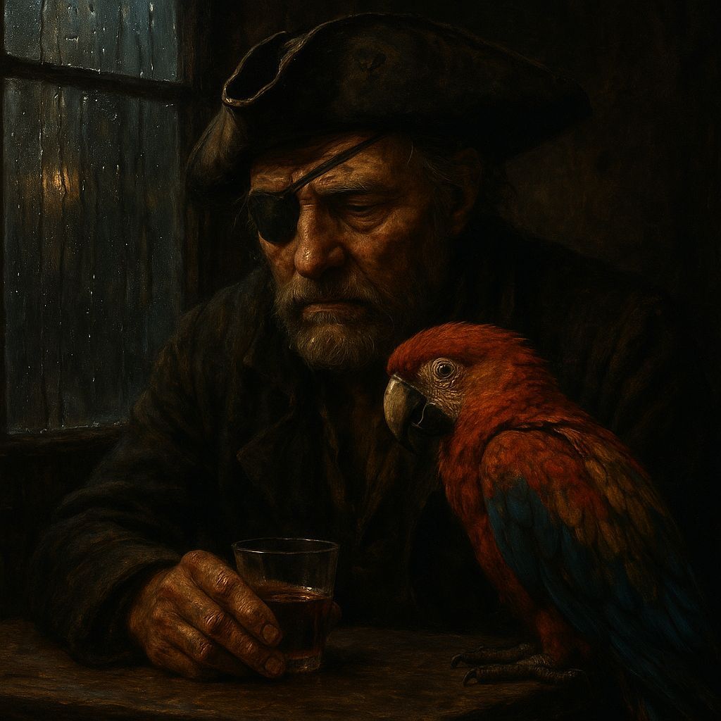 Pirate and Macaw in Dimly Lit Tavern
