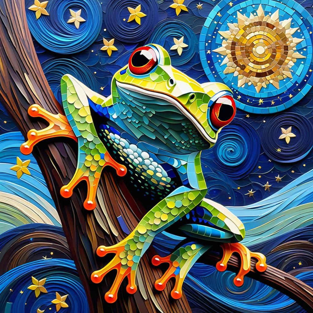 Tree Frog and Starry Night in Expressionist Style