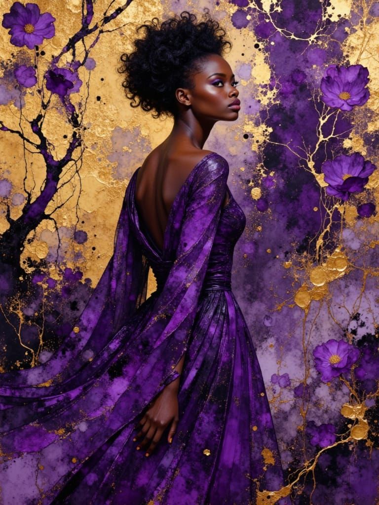 Art Nouveau Portrait of Elegant Black Woman in Purple and Go...