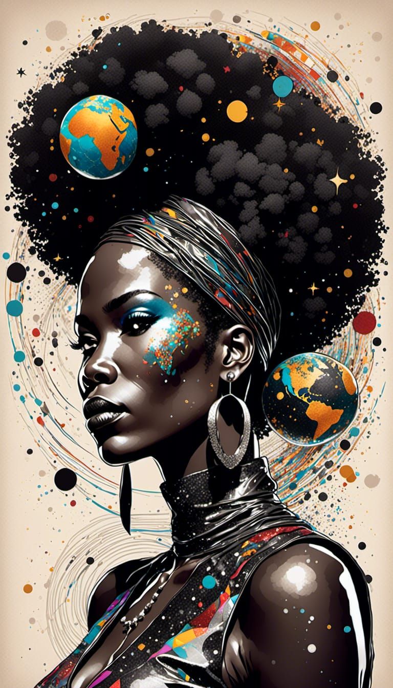 Abstract Ink Drawing: Woman with Globe Afro