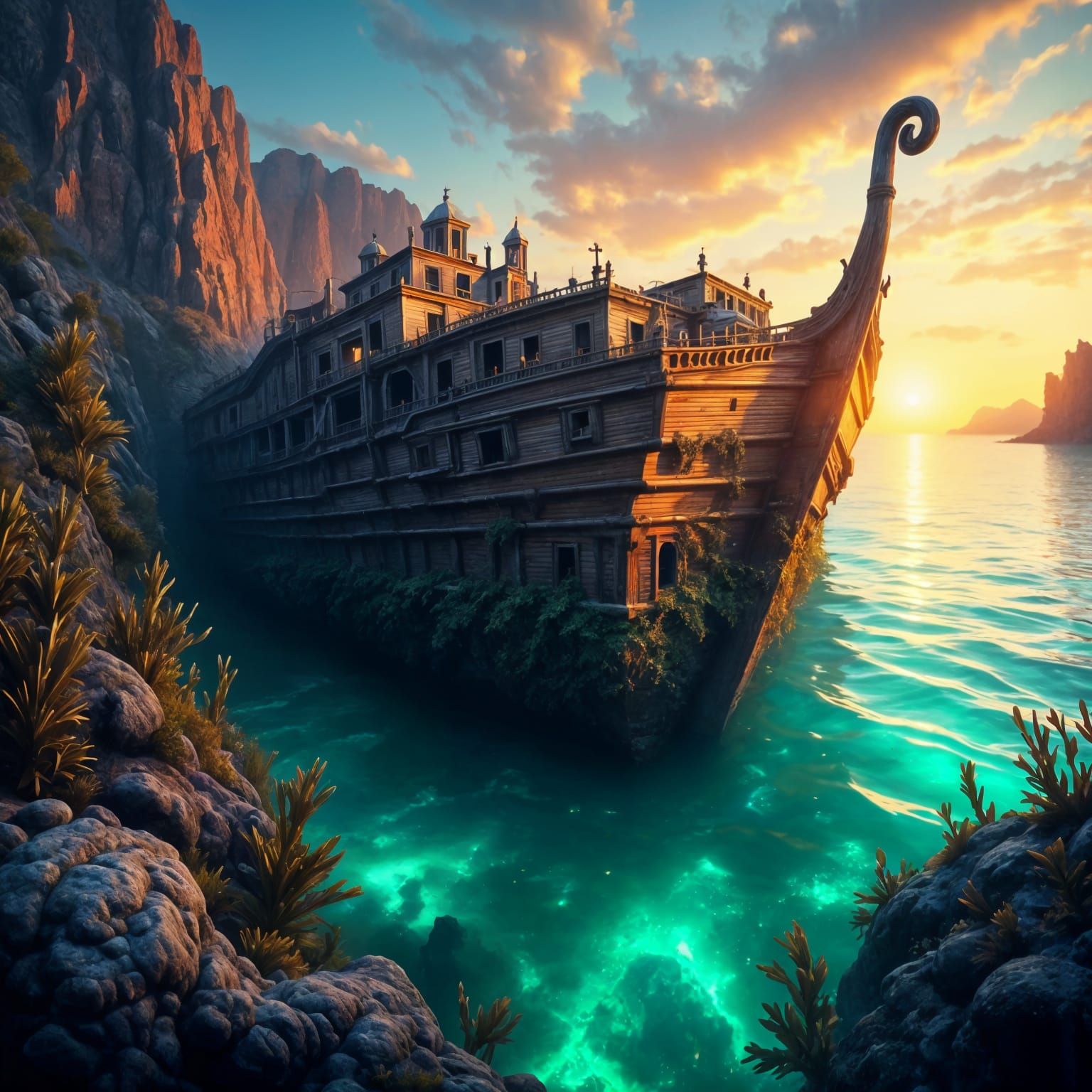 Derelict Wooden Ship in a Hidden Cove: Hyperrealistic Oceani...