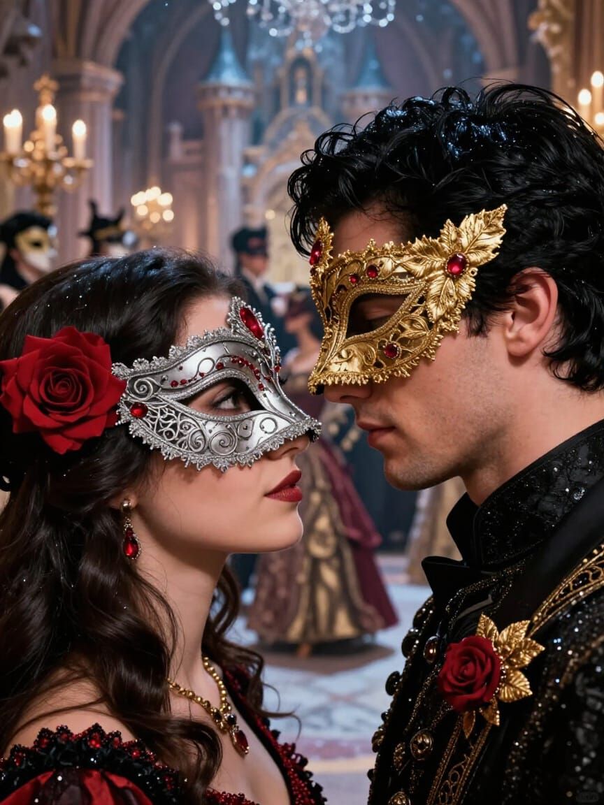 Couple in Elaborate Lace Masks at Fantasy Masquerade Ball