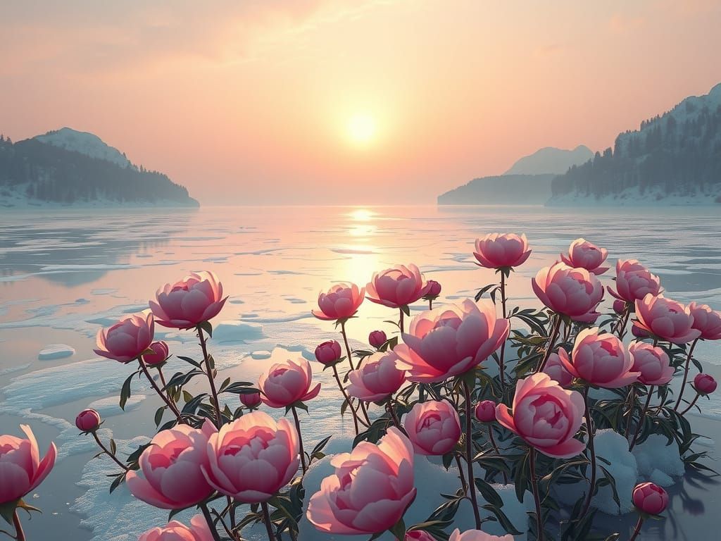 Crystal Peony Garden on Frozen Lake at Sunrise