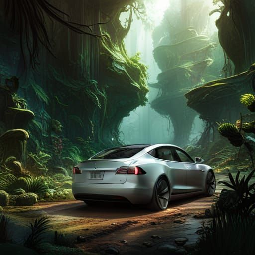 Tesla Car Abandoned in Overgrown Jungle: Matte Painting