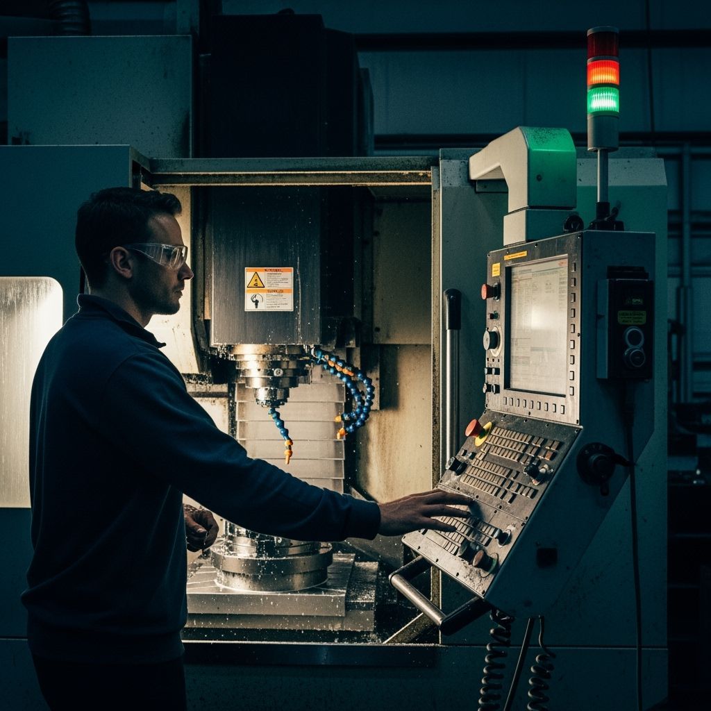 CNC Machinist Adjusts Machine Program in Dramatic Workshop