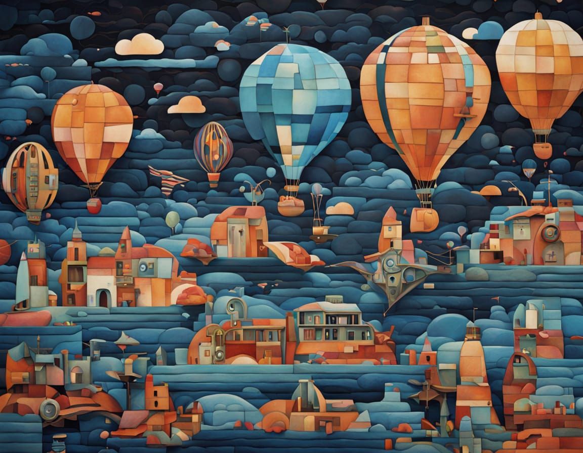 Steampunk Airship with Hot Air Balloons in Catalan Style