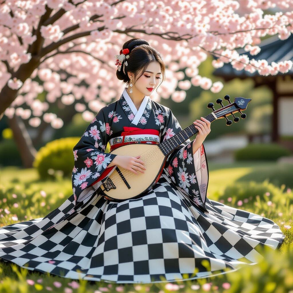 Korean Woman Plays Gayageum in Cherry Blossom Garden