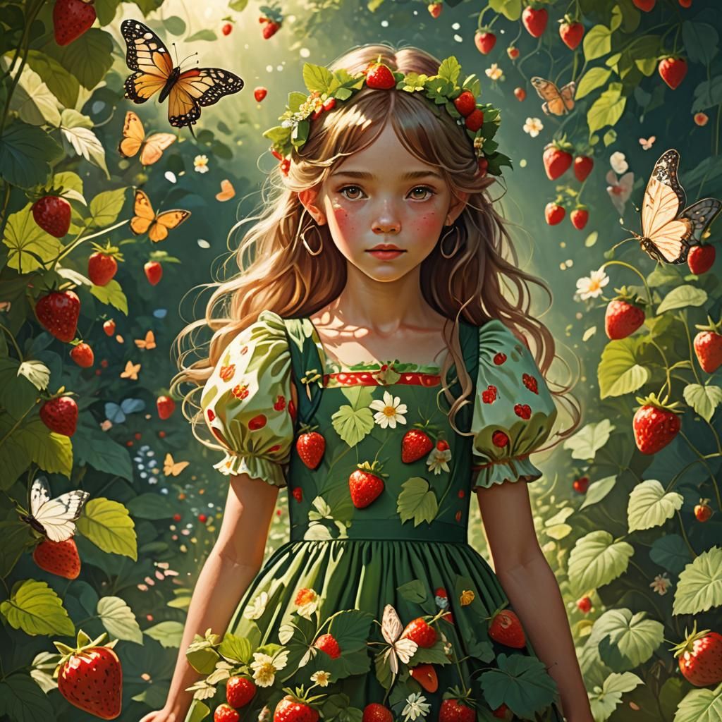 Strawberry Girl in Lush Fantasy Garden