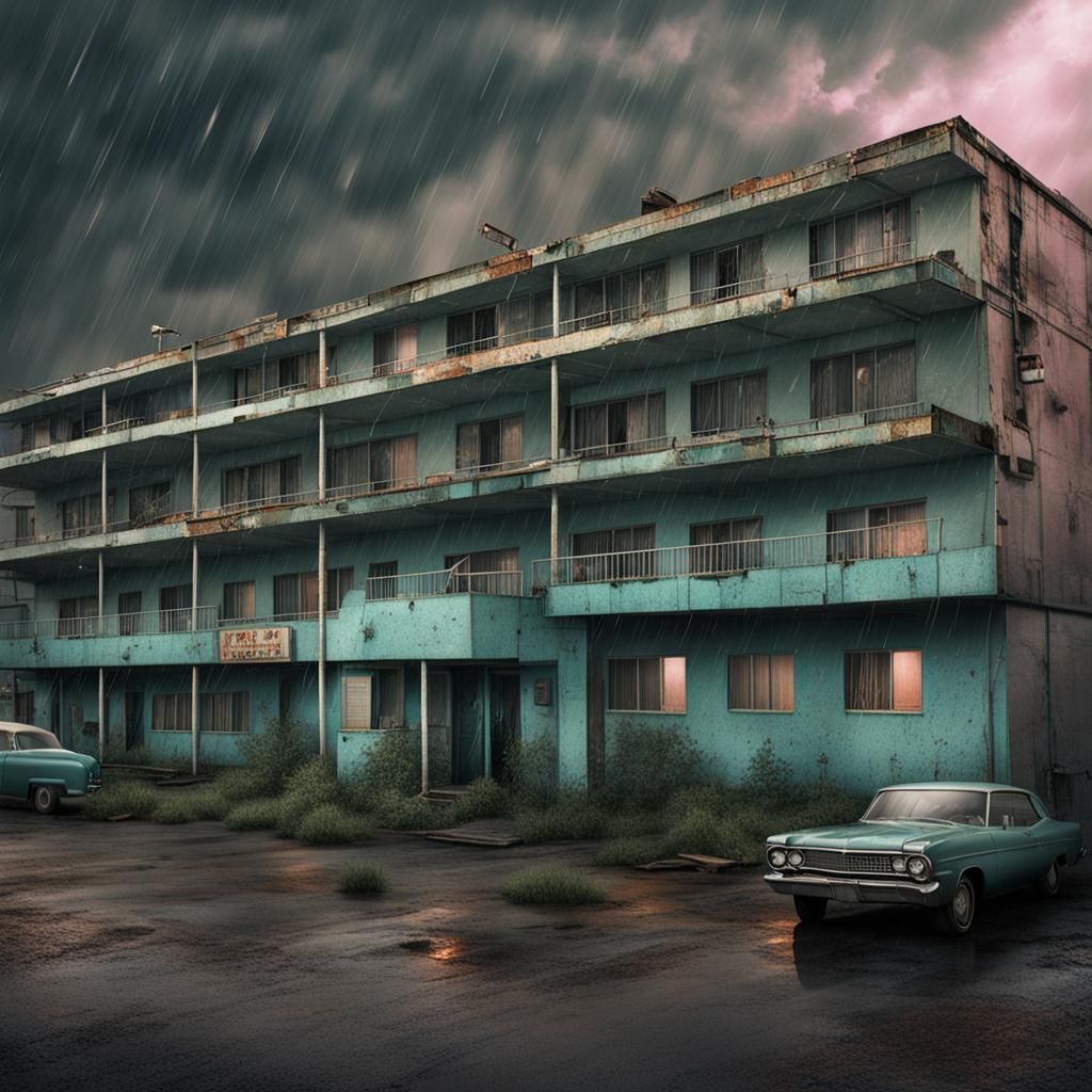 Ominous Motel in Rainy Dystopian Future: Cinematic Still