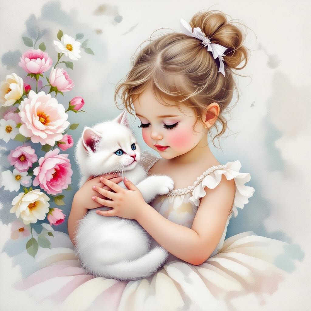 Baby Ballerina Kitten Watercolour with Ethereal Fantasy Styl...