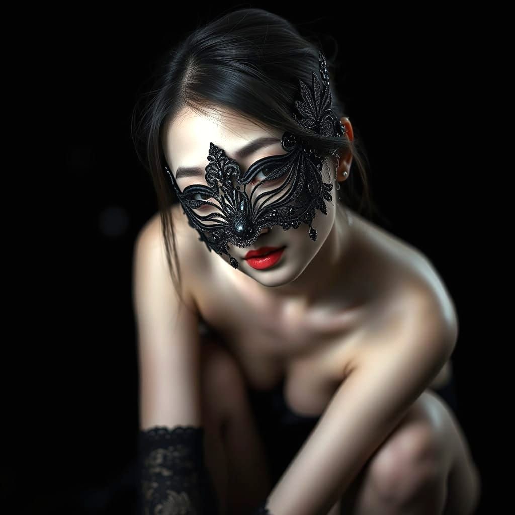 Hyperrealistic Portrait of a Korean Woman in a Feline Mask