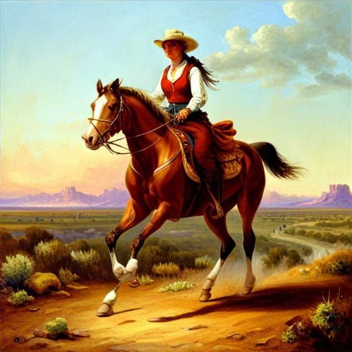 Cowgirl on Horse in Desert, 3D Game Render