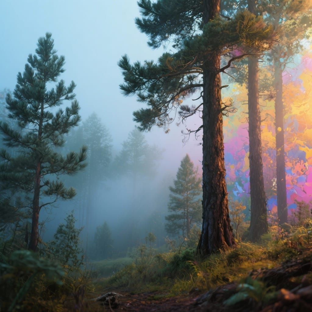 Foggy Pine Forest Morning in Vibrant Hyperrealism