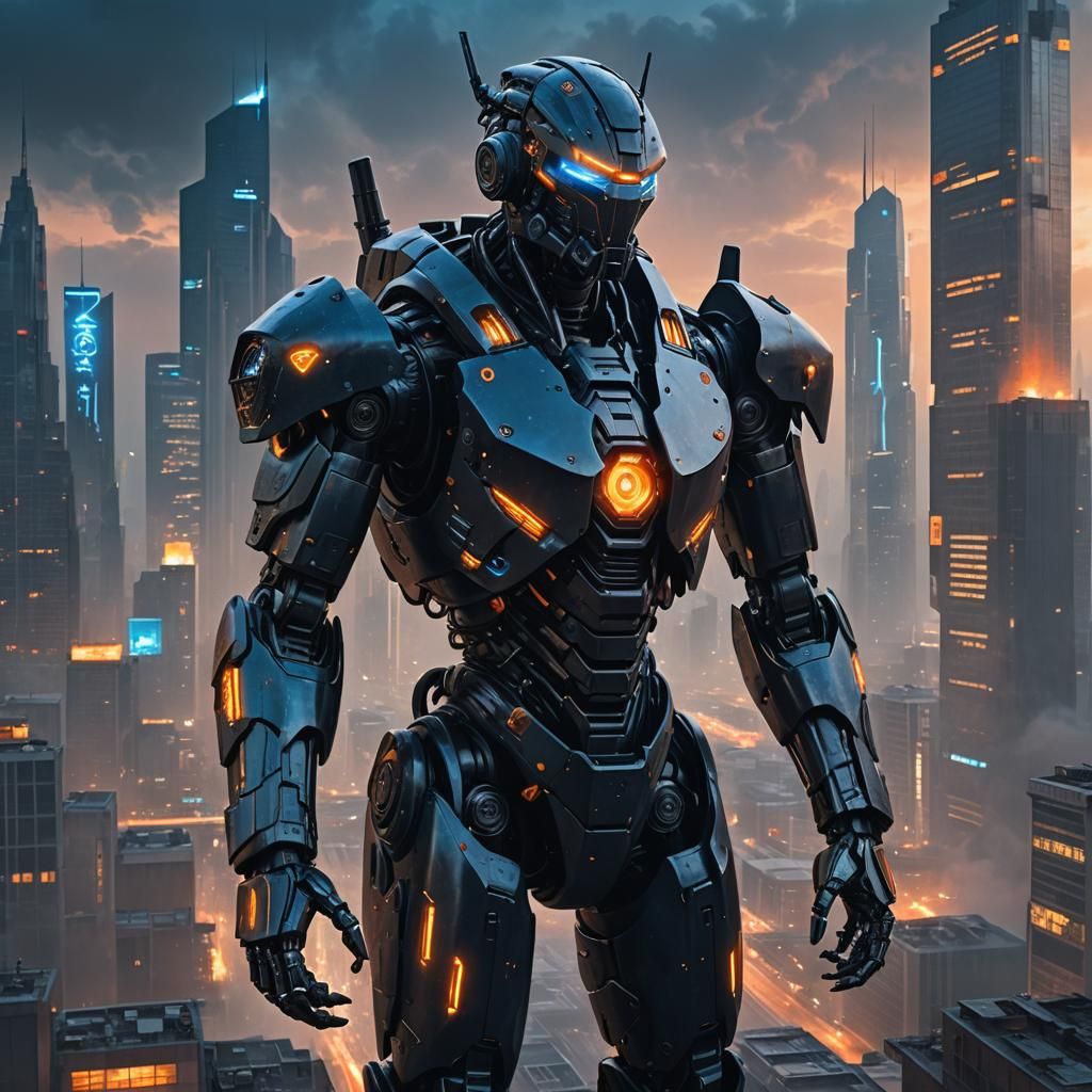 Cybernetic Exoskeleton Robot in Misty Cityscape